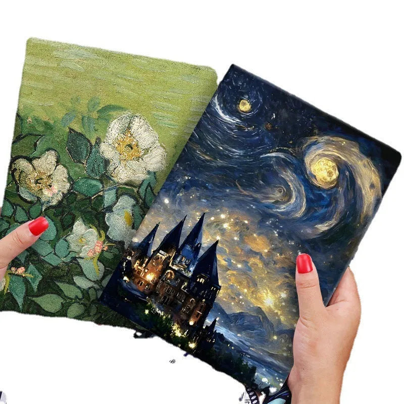 Handmade liquid silicone iPad case with flip cover shown in floral design colours.