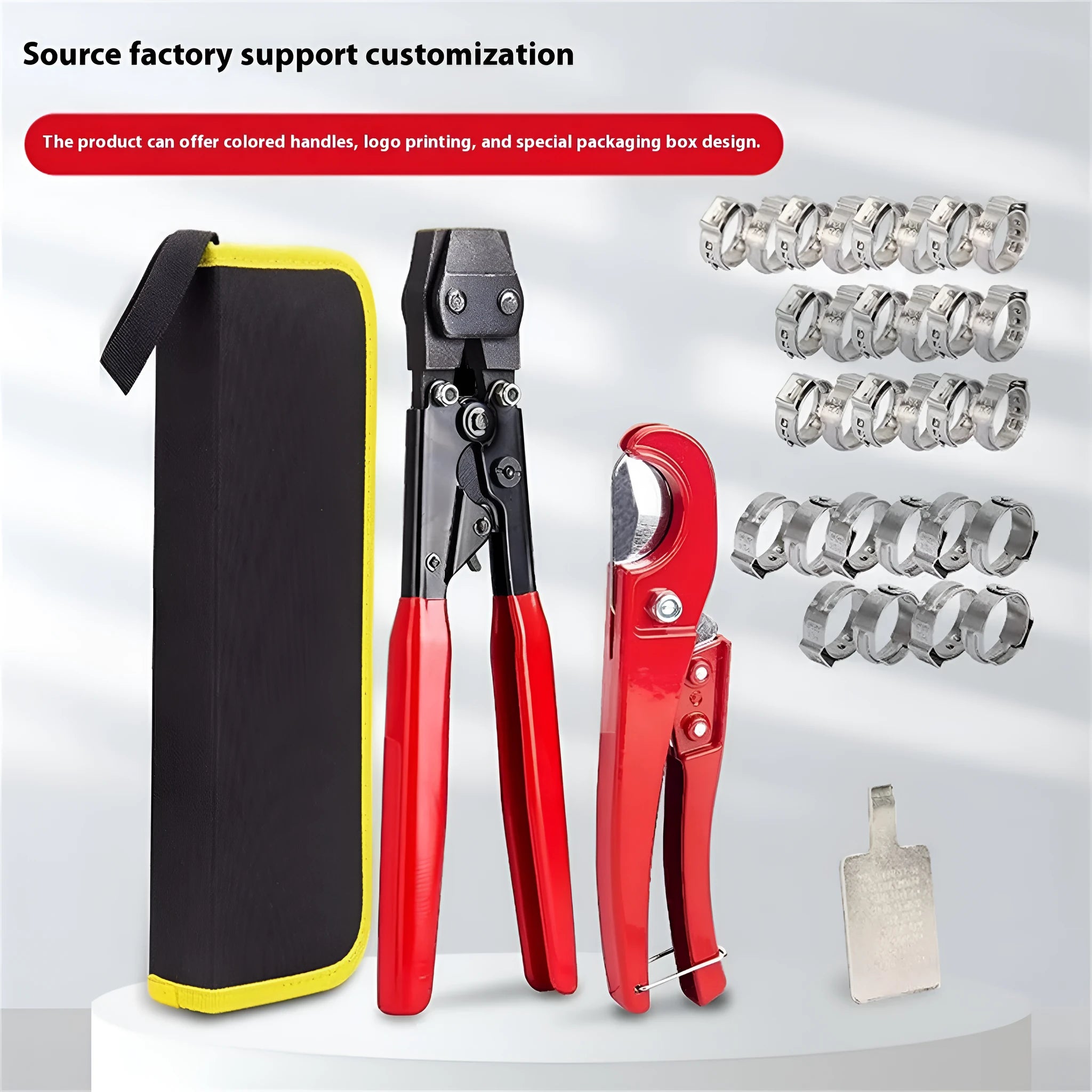 Red cloth finished single ear PEX clamp set with metal construction and carbon steel cutting edge