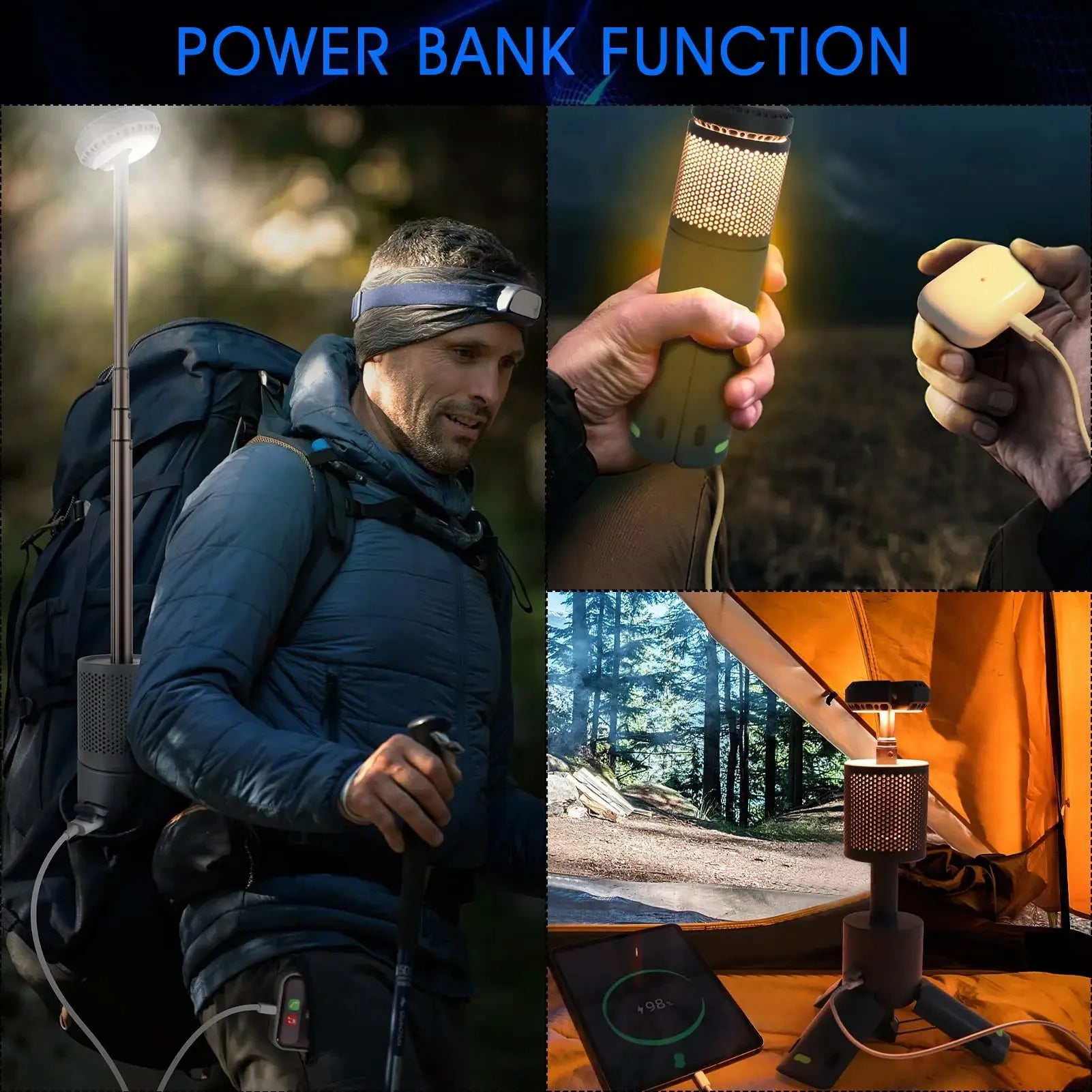 Portable LED camping light in creamy white or dark grey colour with button switch