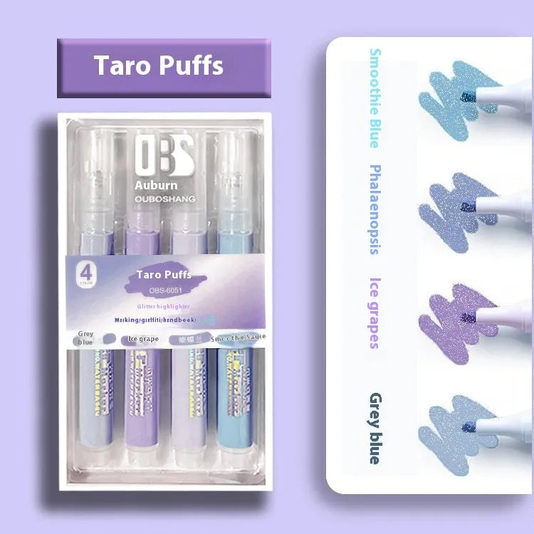Four glitter fluorescent highlighter pens with slanted 4mm fibre tips in assorted colours including taro puff and peach blossom variations