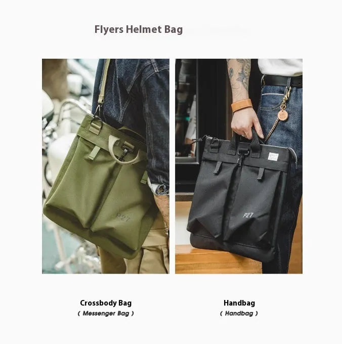 Medium nylon canvas messenger bag in military green with crossbody strap and laptop compartment