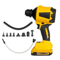 Yellow handheld portable dust blower and inflator pump with trigger and air nozzle.