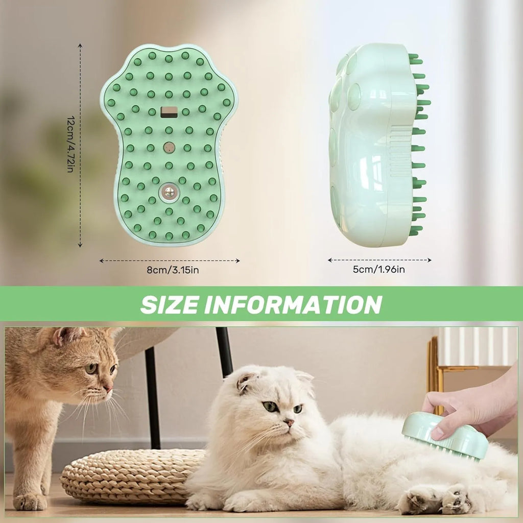 Blue self-cleaning cat steam brush with silicone bristles and a release button for pet grooming