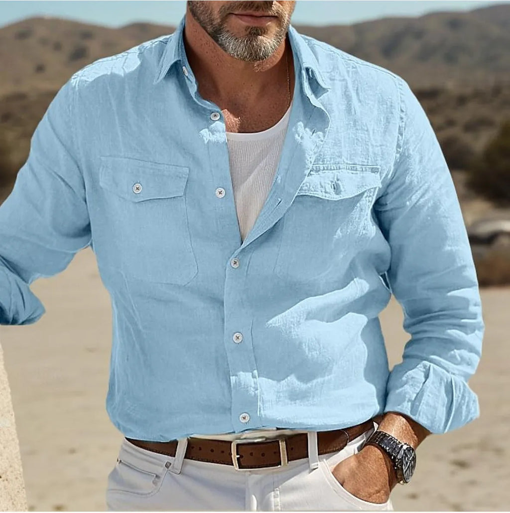 Men's long-sleeved cotton linen summer shirt in loose fit, solid colour options