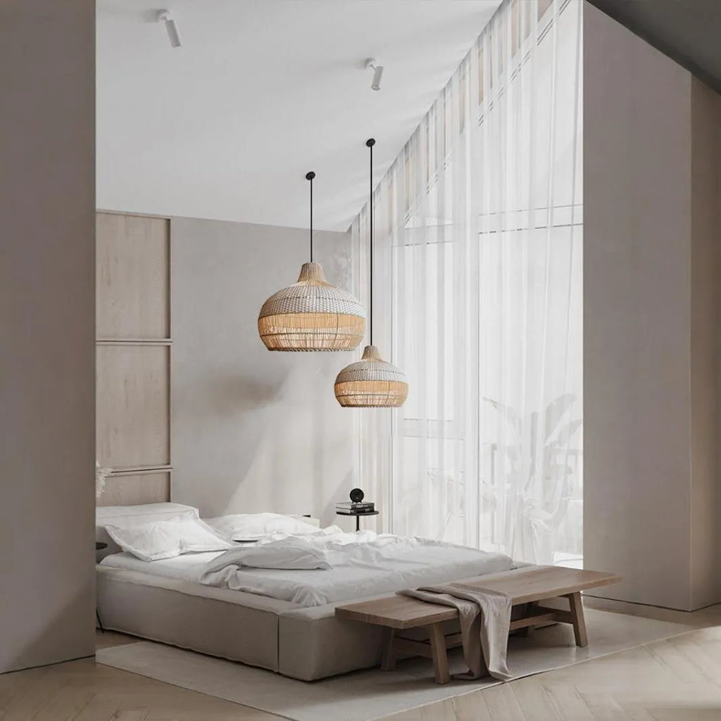 Woven rattan chandelier light fixture with a 60cm diameter in a pastoral Southeast Asian style.