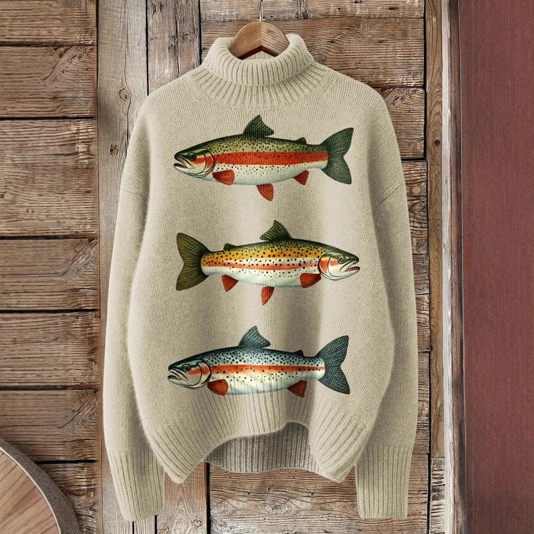 Women's Christmas printed turtleneck sweater in macaron colour with painting pattern design