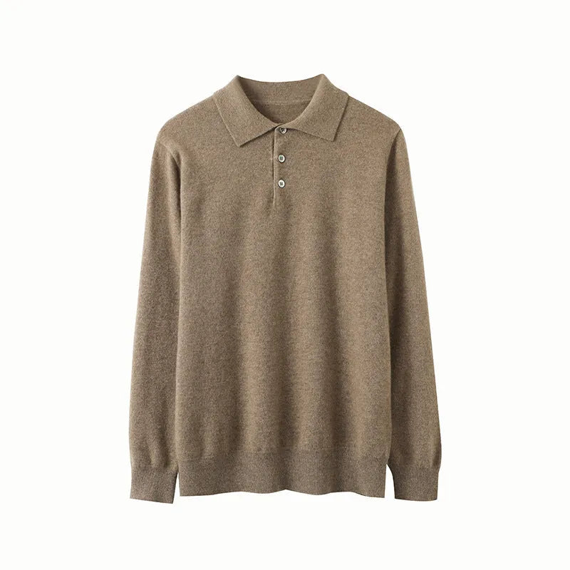 Men's sapphire blue cashmere pullover sweater with a polo collar on a hanger.