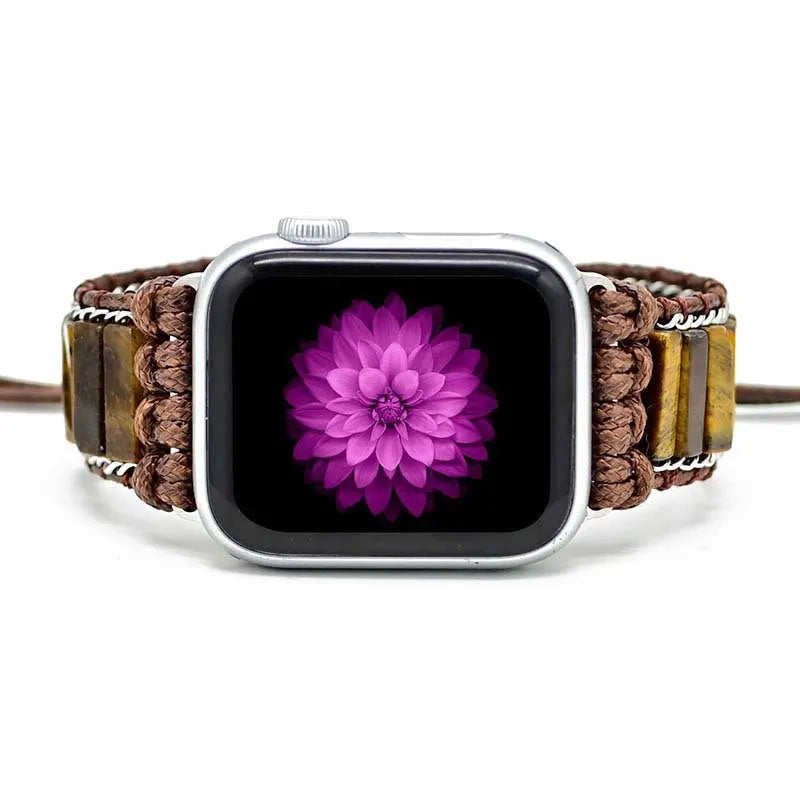 Rectangular tiger eye stone chain men's watch strap bracelet on textile band with adjustable clasp