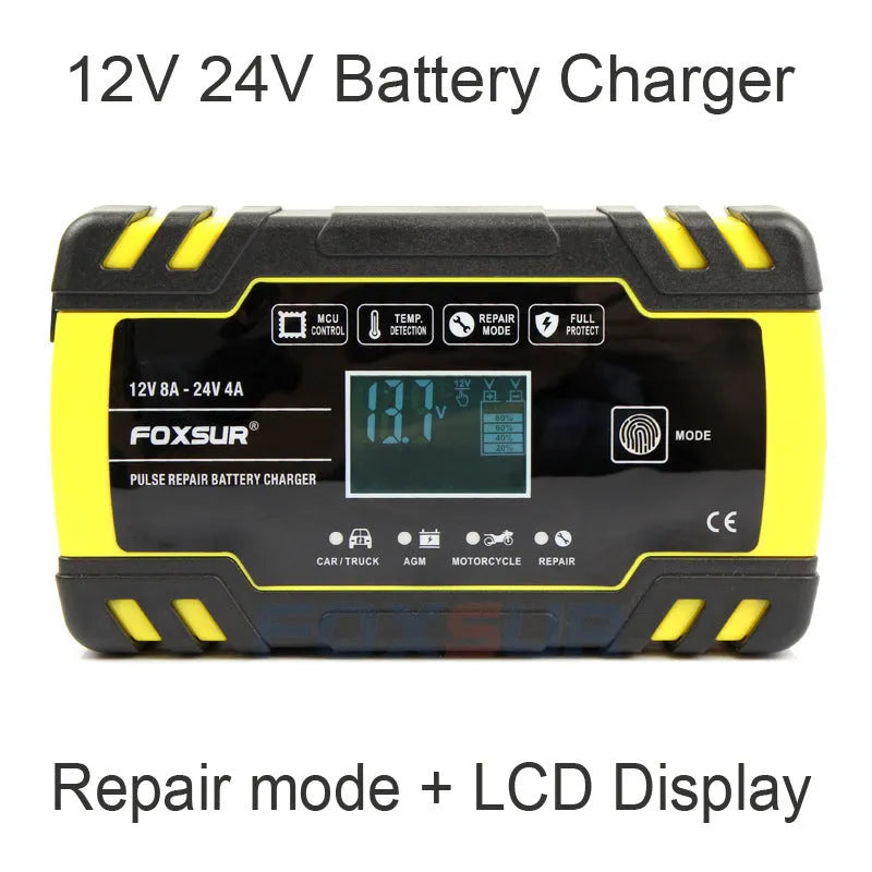 12V 24V battery charger with digital display screen for automotive lead-acid batteries.