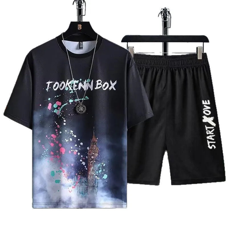 Men's summer sportswear set with short sleeve t-shirt and matching shorts