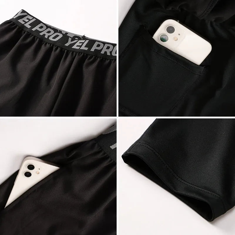 Men's grey quick-drying high elastic tight fitness pants for running and training.