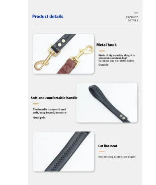 Roran black PU leather pet traction belt with adjustable handle showing length measurement