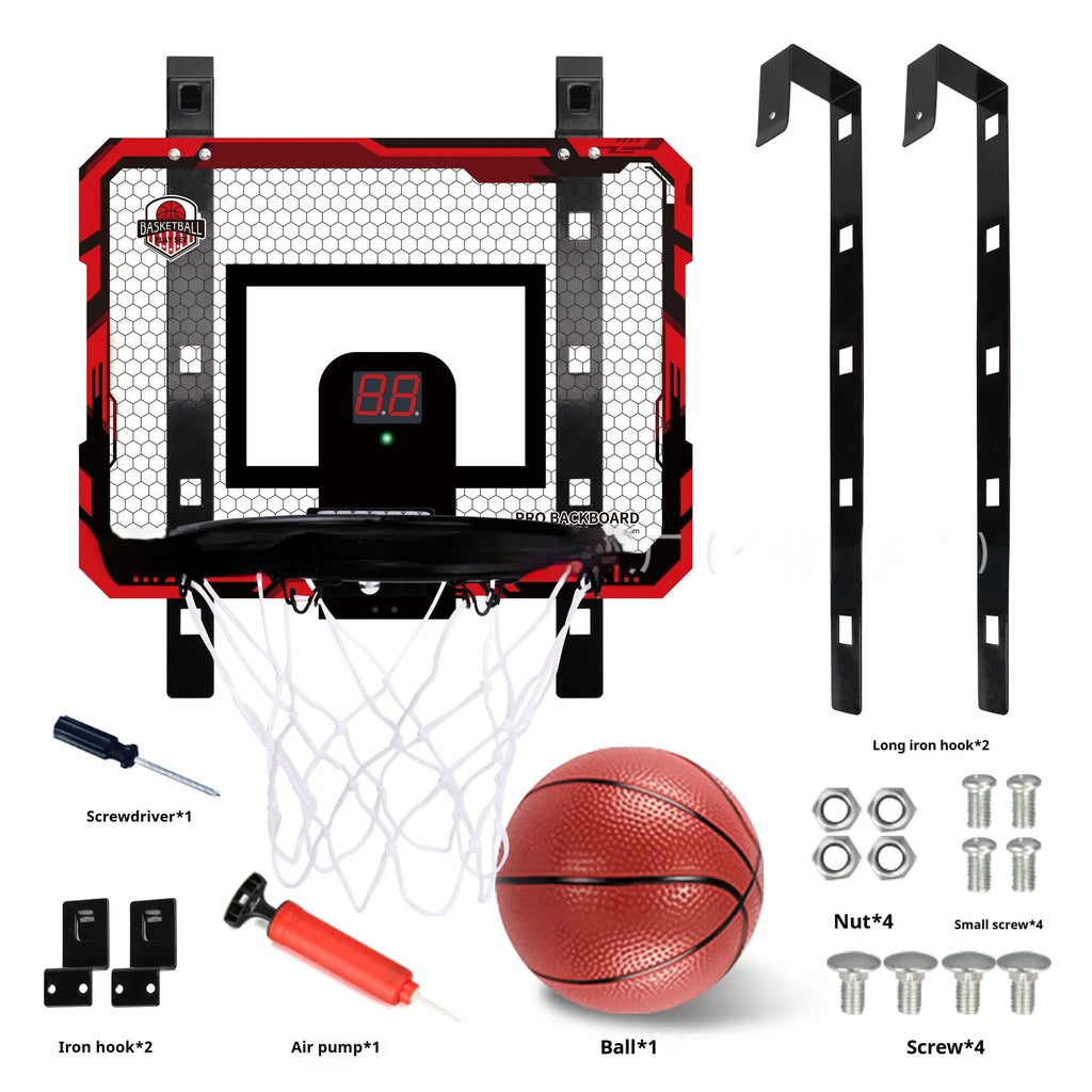 Folding basketball frame with parallel panels showing dunk scoring function and suction cup mounting