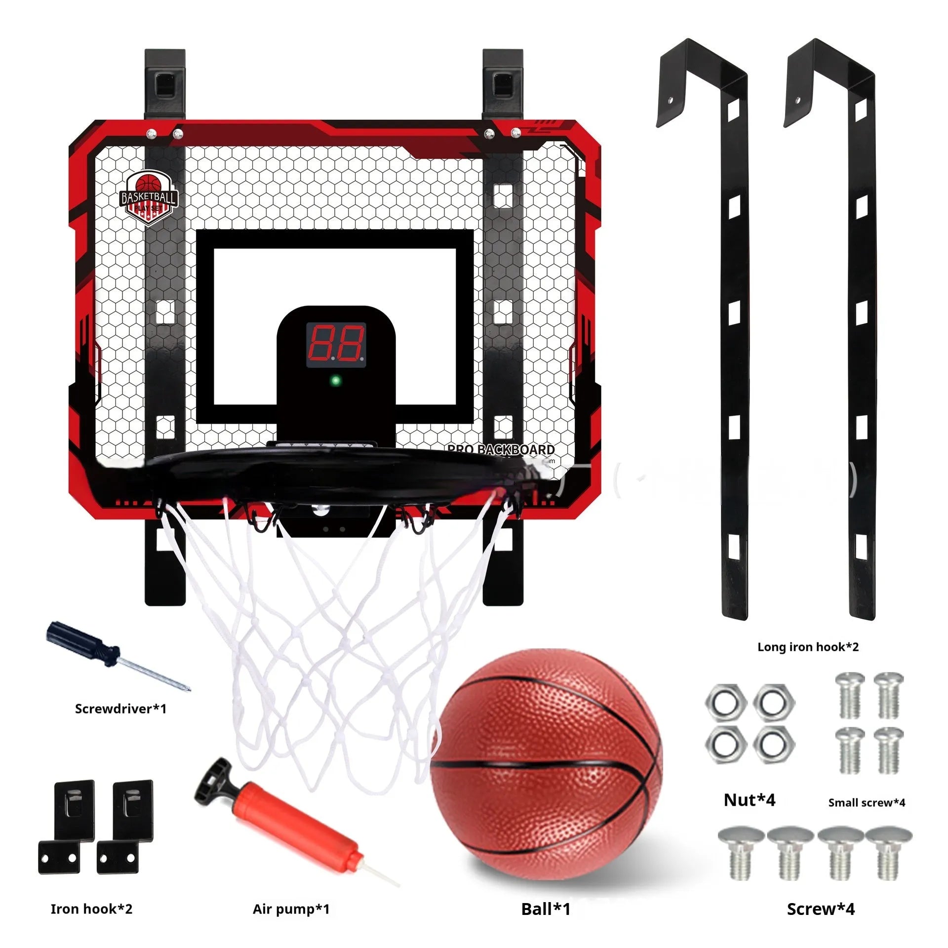 Folding basketball frame with parallel panels showing dunk scoring function and suction cup mounting