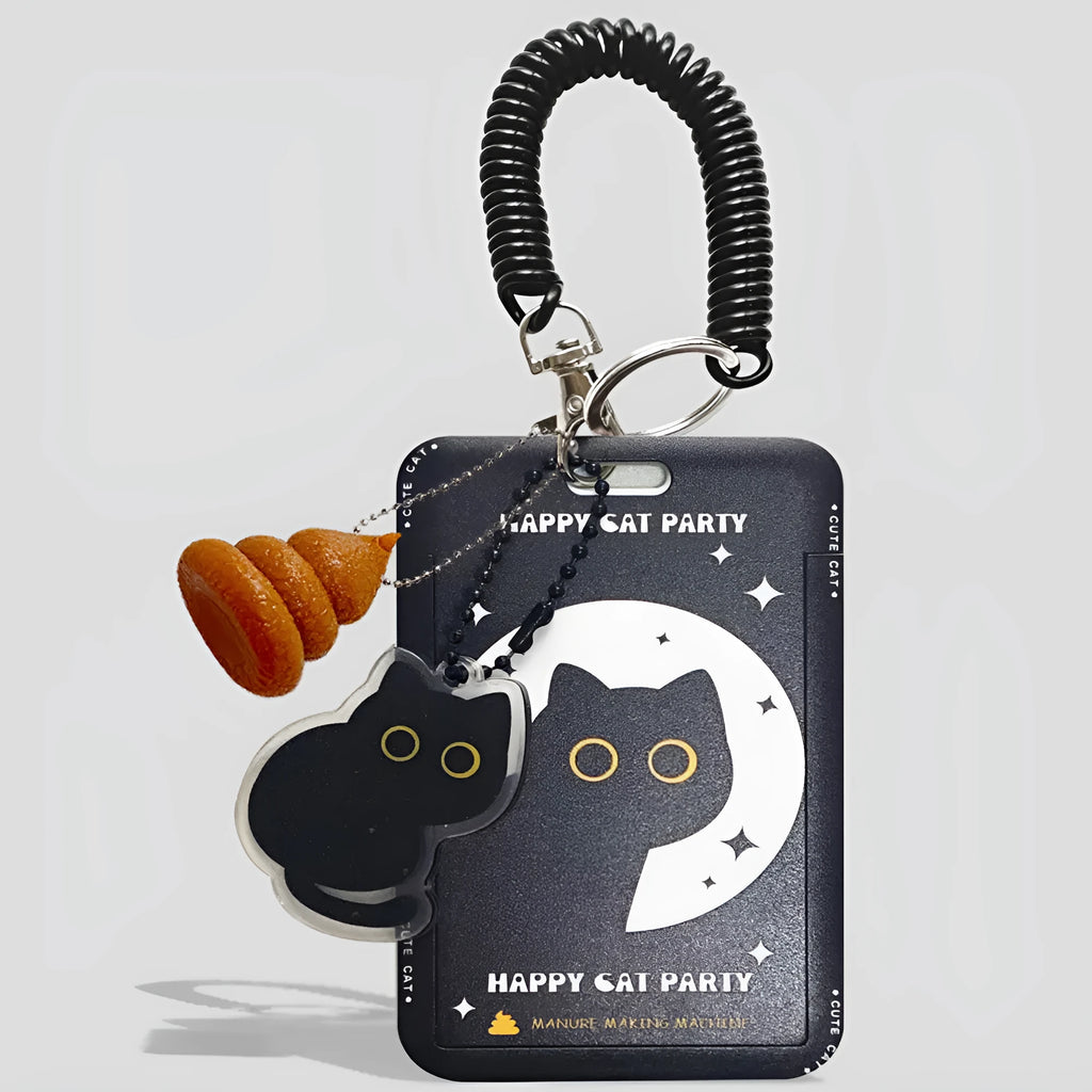 Cartoon little black cat design plastic card holder with ferrule pendant attachment for student ID and transport cards