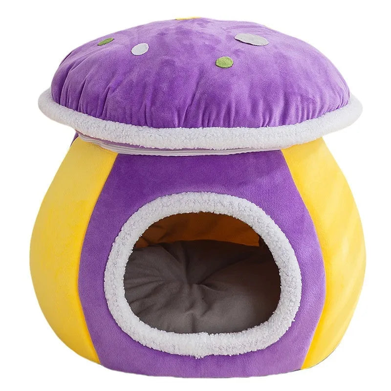 Plush grey mushroom-shaped cat bed with a detachable rabbit fur blanket inside.