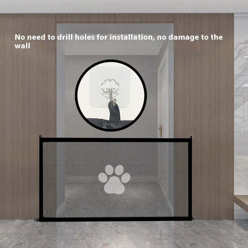 Portable folding dog barrier net fence with plastic rods in pet doorsill design