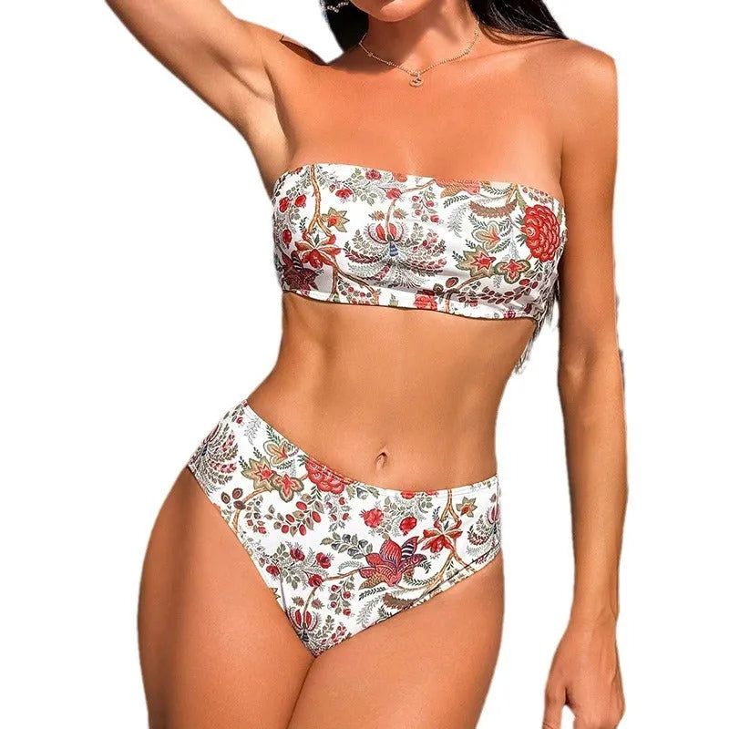 Women's printed bandeau triangle bikini top with matching shorts swimsuit set.