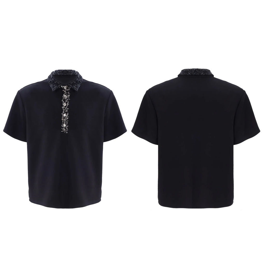 Men's loose fit polo shirt with square collar in black, grey or white colours