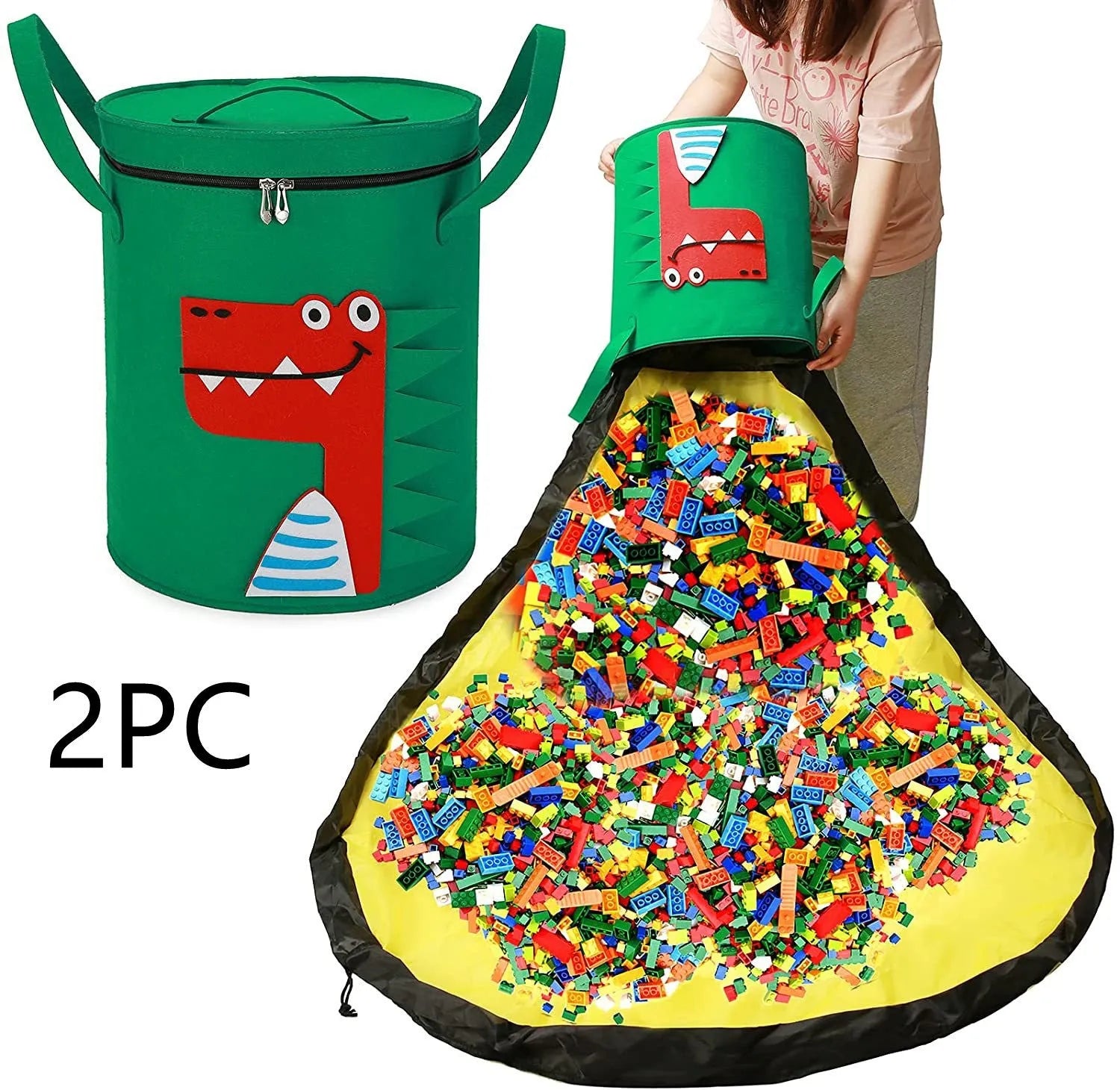 Green felt cube storage bag with pull rope closure lying flat as a play mat.