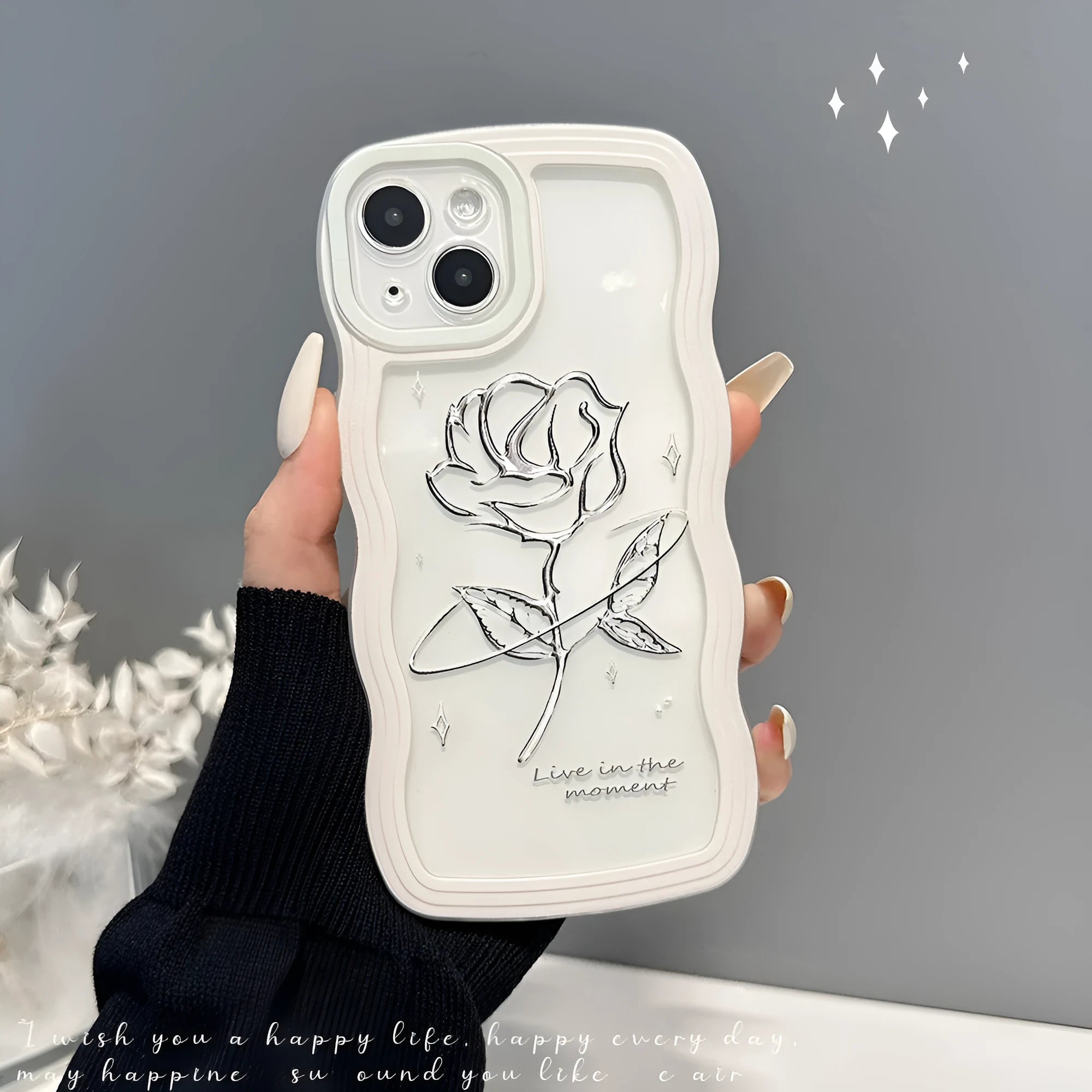 Rose transparent TPU silicone phone case with clear black rose pattern and colourful love lanyard for iPhone