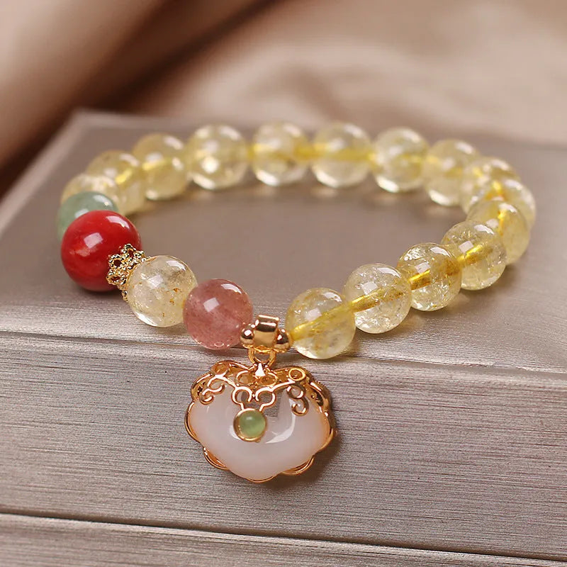 Yellow hair crystal jade ruyi pendant bracelet with natural citrine stones in alloy setting
