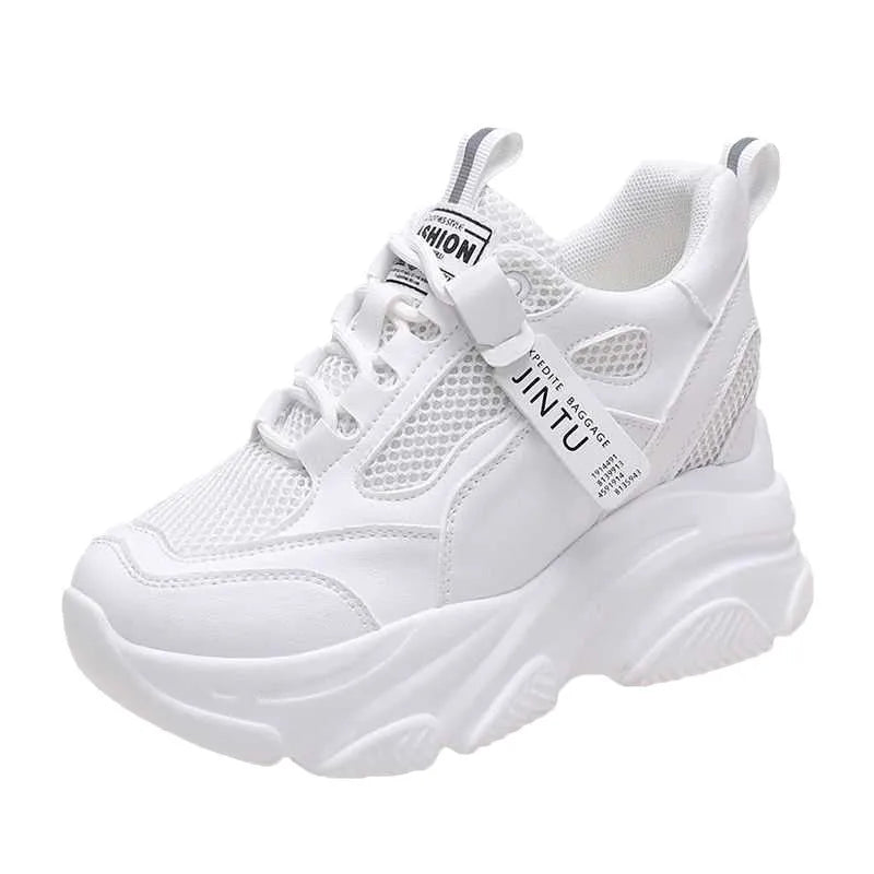 Women's black mesh platform casual shoes with hollow-out design and toe holder on a white background