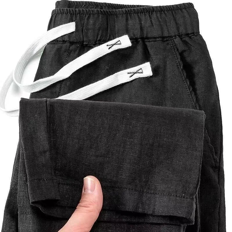 Long straight pure linen trousers with elastic low waist and drawstring in white, black, blue, gray, and apricot colors