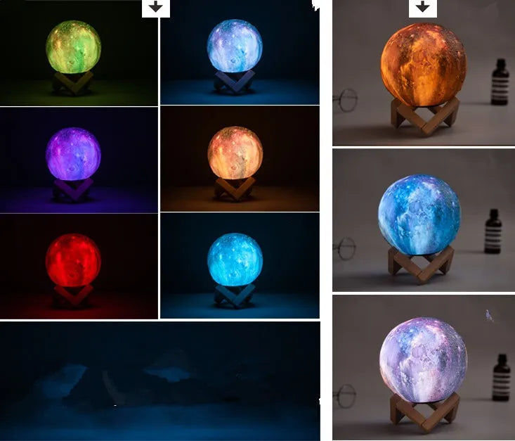 Spherical lunar night light on display, showing colour-changing LED glow with remote control.