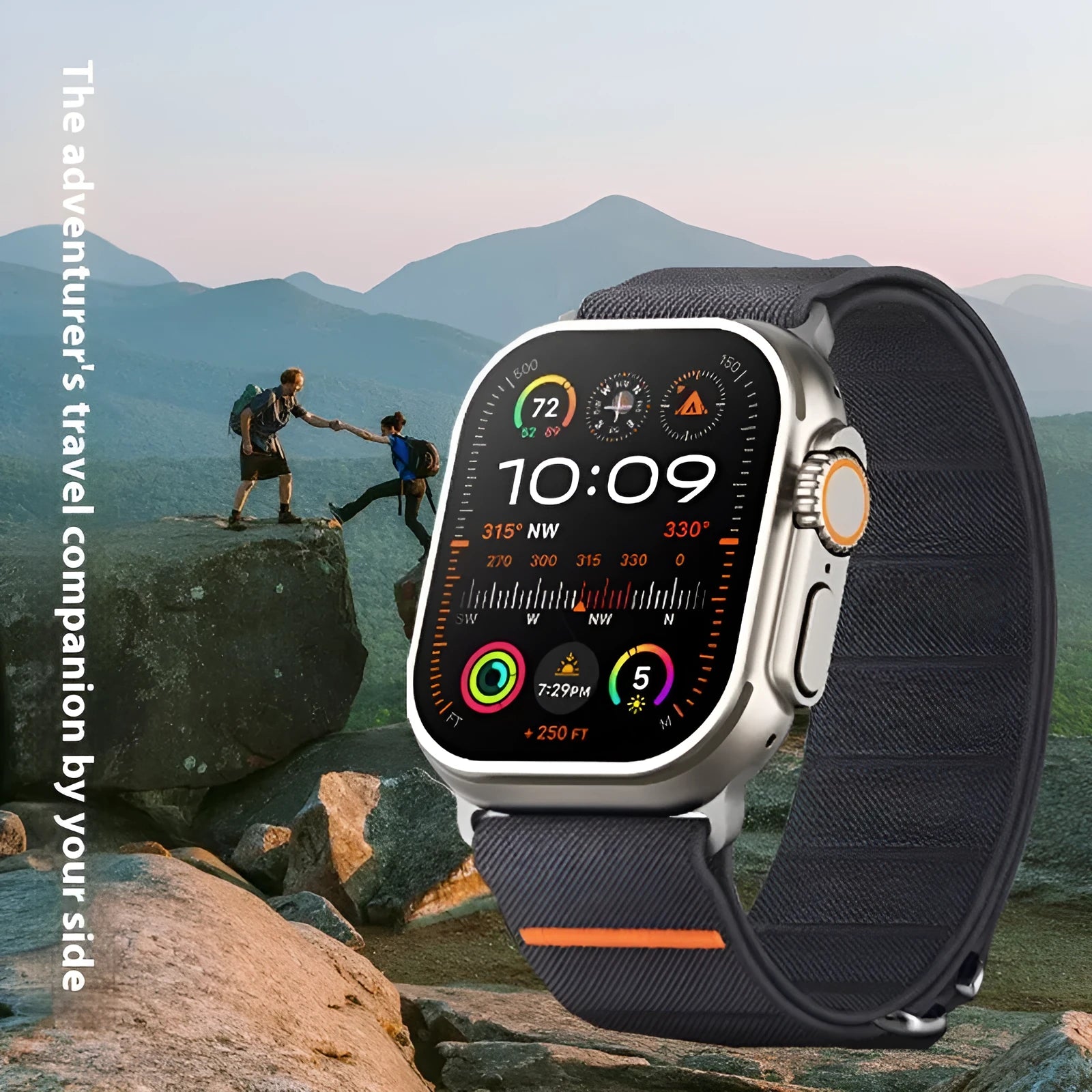 Elastic nylon Apple Watch replacement band with stainless steel buckle in multiple colour options.