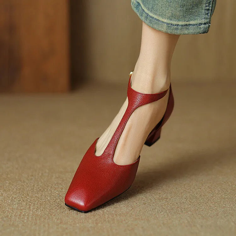 Wine red sheepskin leather square toe chunky heel shoes with buckle fastening