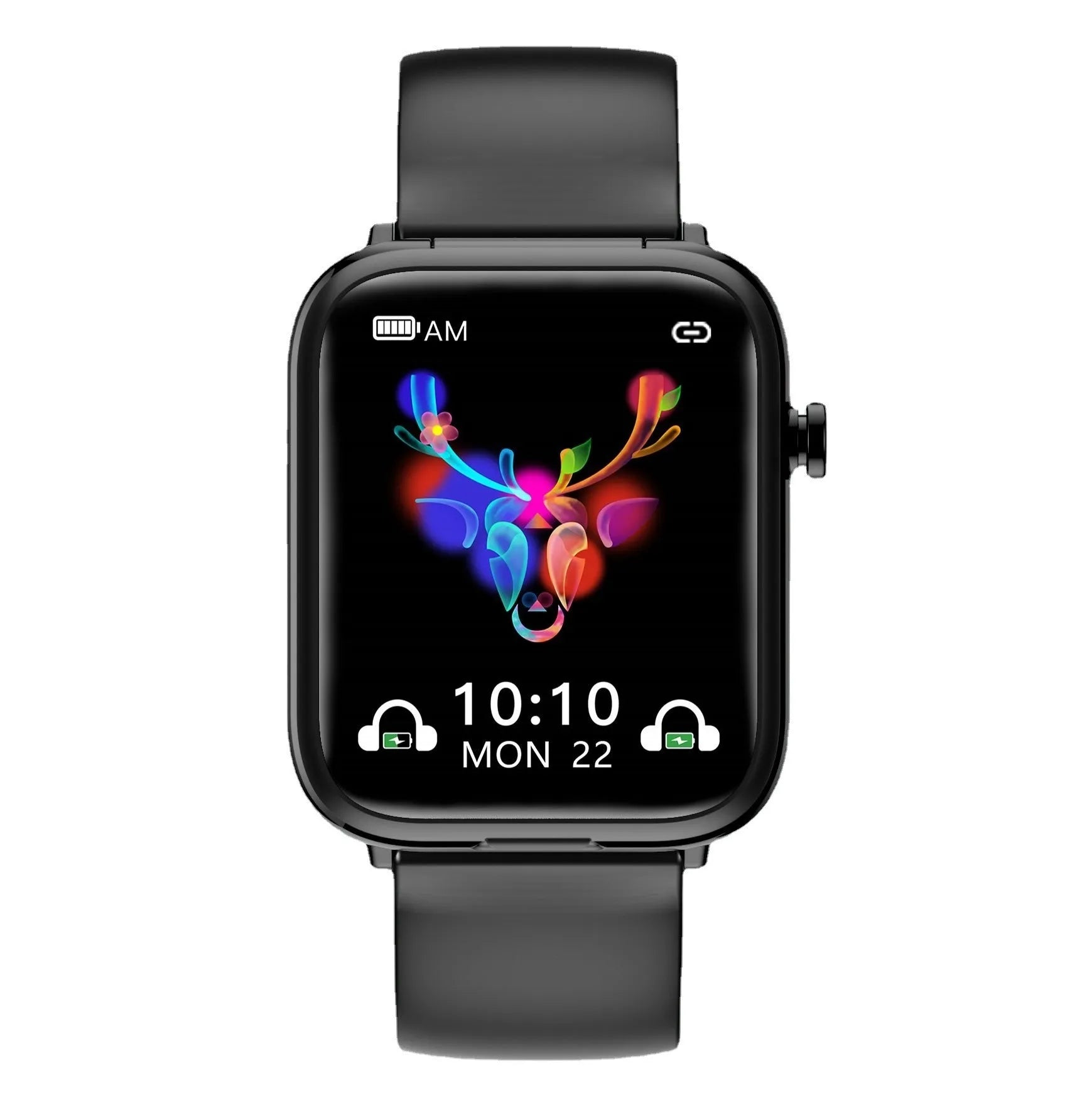 Black all-touch smart Bluetooth headset watch with 1.69-inch display and separate earbuds.