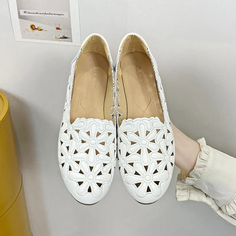 Beige soft bottom hollow breathable casual flat shoes for women with low heel and rubber sole