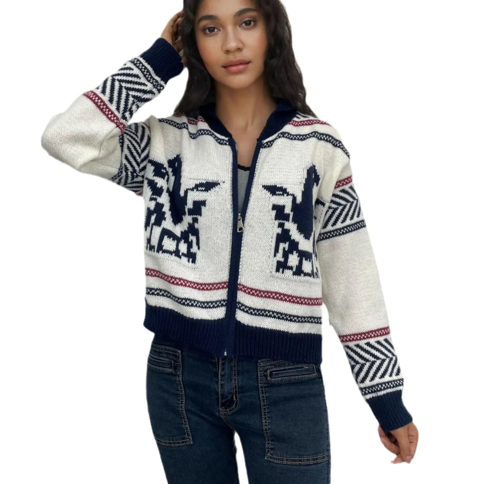 White women's zip cardigan with lapel collar and black contrast stripes, front zip closure