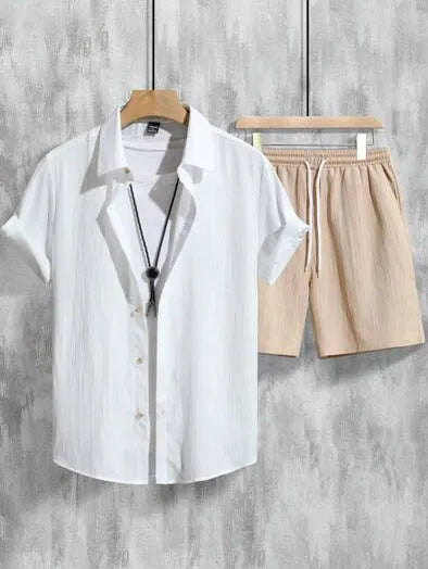 Men's casual 3D printed Hawaiian style short sleeve shirt and matching shorts set in elastic polyester fabric.