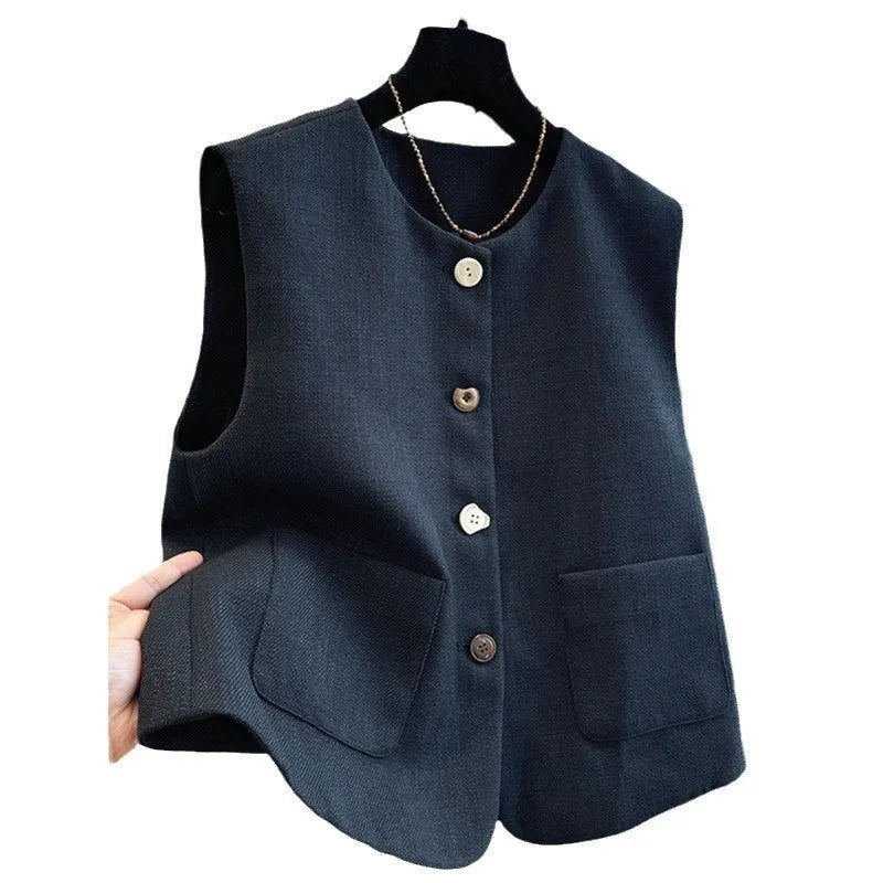French style bandage vest for women with round neckline and sleeveless design in milky white colour