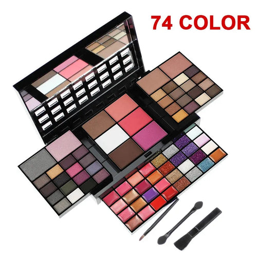74 colour makeup palette open showing eyeshadows, lip glosses, and face powders with brushes