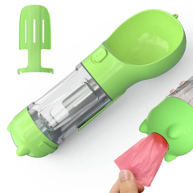 Portable 3-in-1 dog water bottle with leak-proof design, poop bag dispenser, and treat holder in aquamarine colour