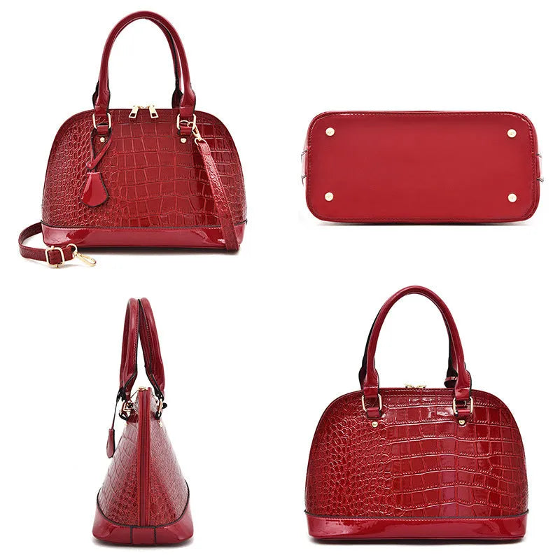 Shiny PU leather crossbody shoulder bag in shell shape with 22x30x15cm dimensions
