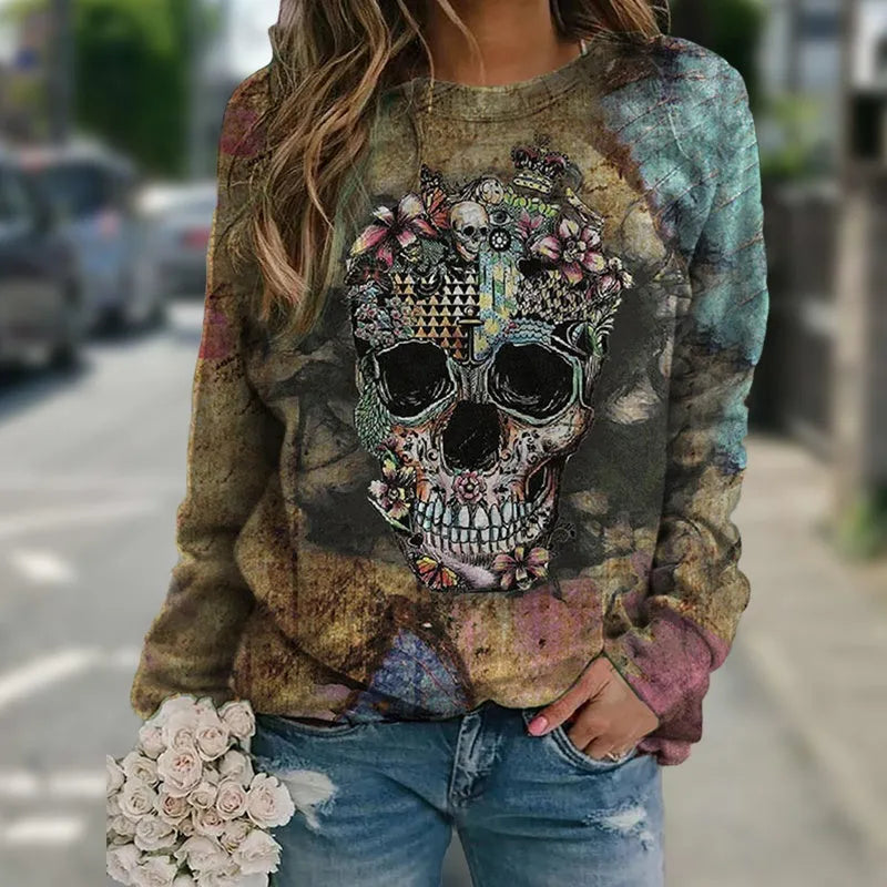 Black long sleeve sweatshirt with skull graphic print, showing front view of casual streetwear garment