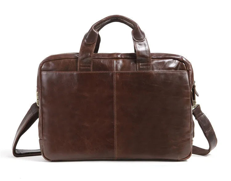 Brown cowhide leather business briefcase with 18-inch size for laptop storage