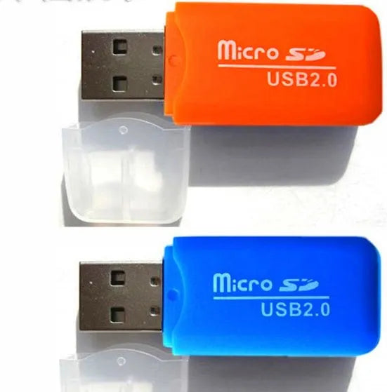 Mini USB TF card reader with SD transfer adapter for microSD cards.