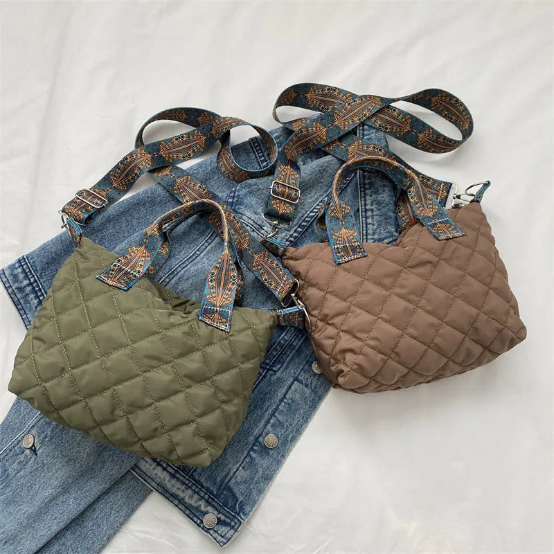Oxford cloth shoulder messenger bag in horizontal square shape with single strap and sandwich pocket