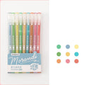 Set of nine cute Japanese colour gel pens with 0.5mm needle tips in retro packaging