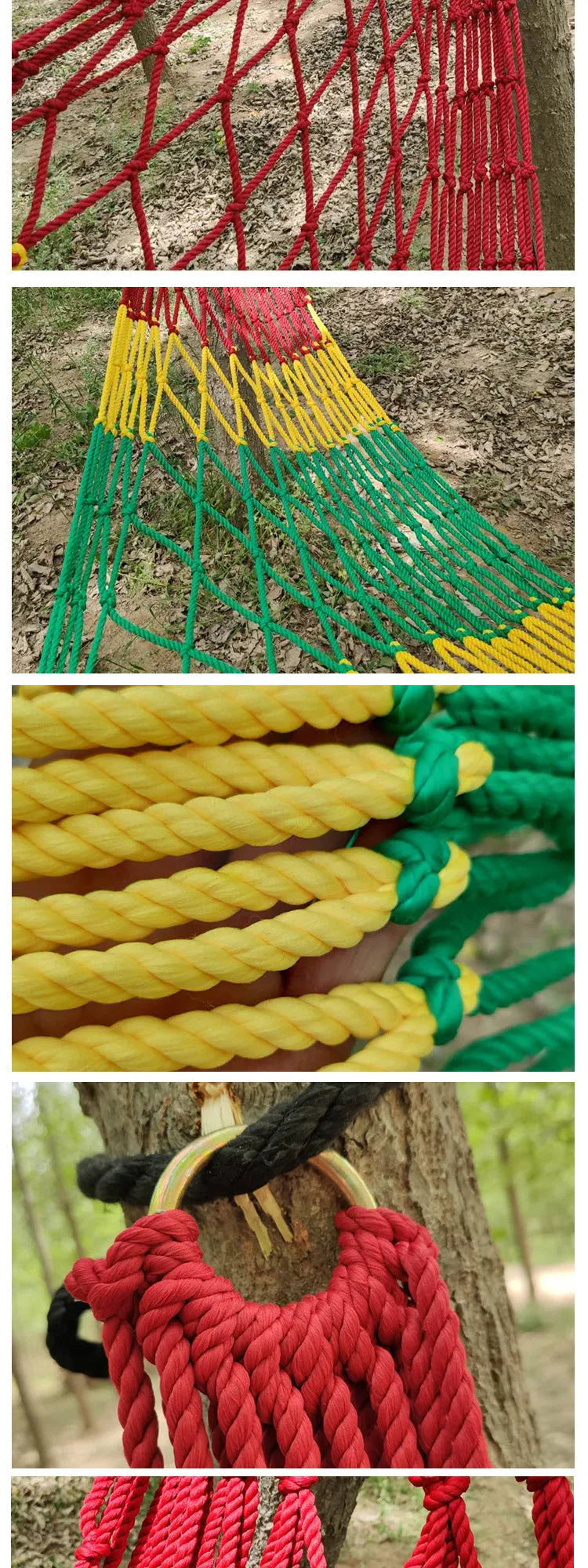Outdoor nylon rope mesh hammock hanging between two trees showing mesh pattern and included tying ropes