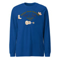 Blue men's loose round neck polyester sweater with printed letter patterns, casual pullover style.