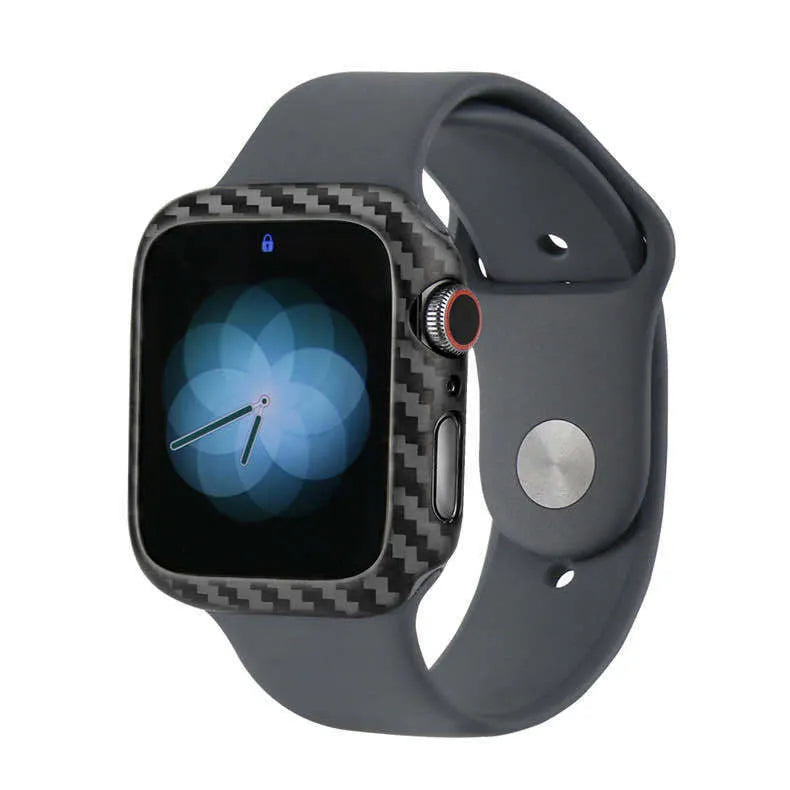 Bright black carbon fibre half wrap leather case on a 44mm Apple Watch 4