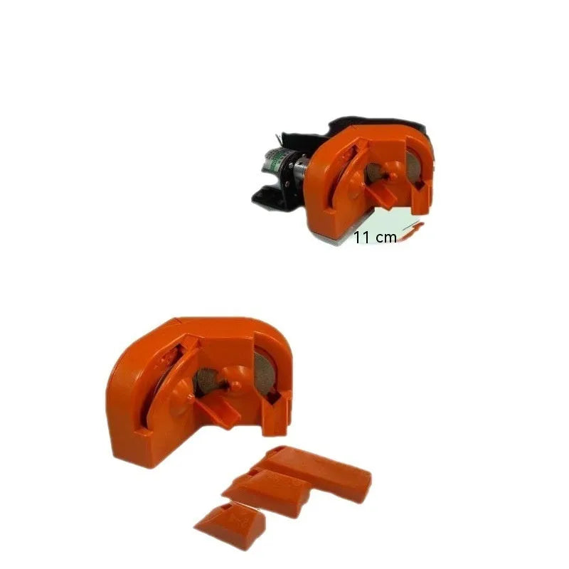 Universal portable grinding drill tool set showing orange and black sanders with two replacement grinding wheels.