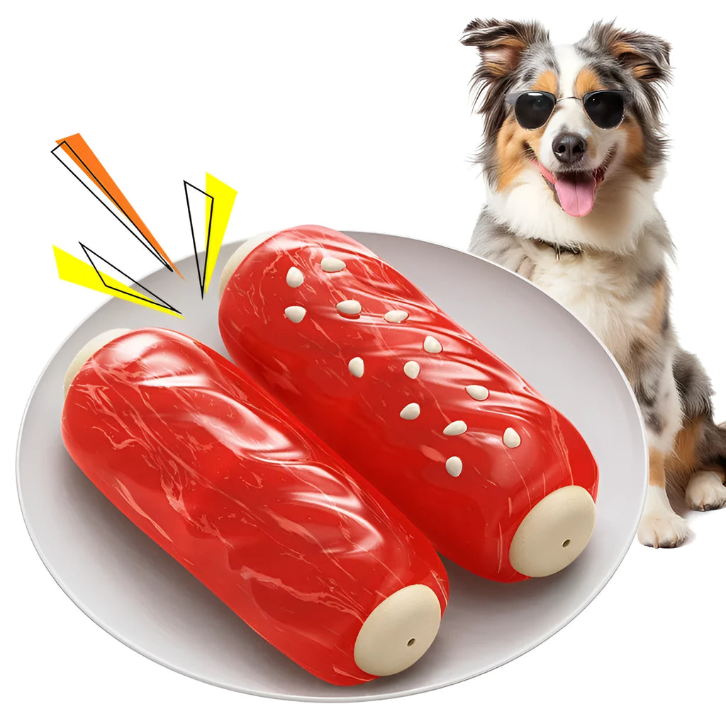 Primary colour plastic dog chew toy with molar rod shape for dental gnawing