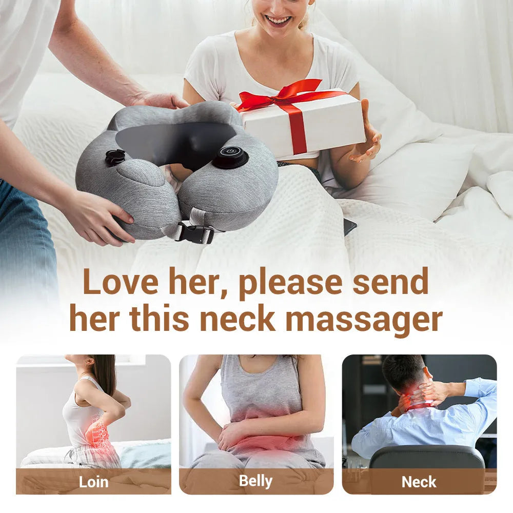Gray inflatable U shape neck massager pillow with kneading massage modes and travel carry bag